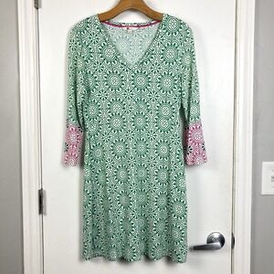 Boden Green White Medallion Print V-Neck 3/4 Sleeve A-Line Dress Womens US 6R
